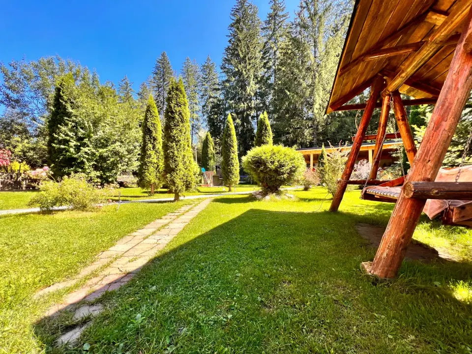 Lawn, path and wooden swing in the Top Mountain garden
