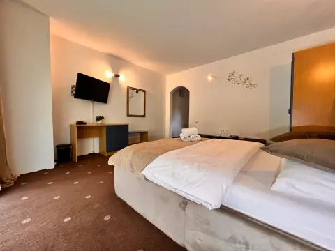 Double bedroom with a television and brown carpet