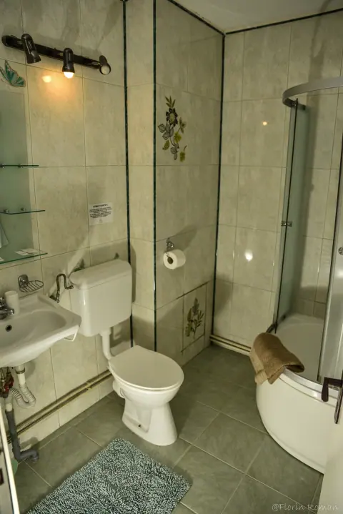 Bathroom with shower, toilet and white furniture