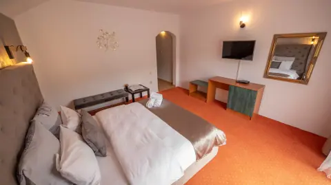 Double bed, television and armchair in the orange room