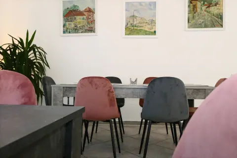 Table and colourful chairs in the dining room